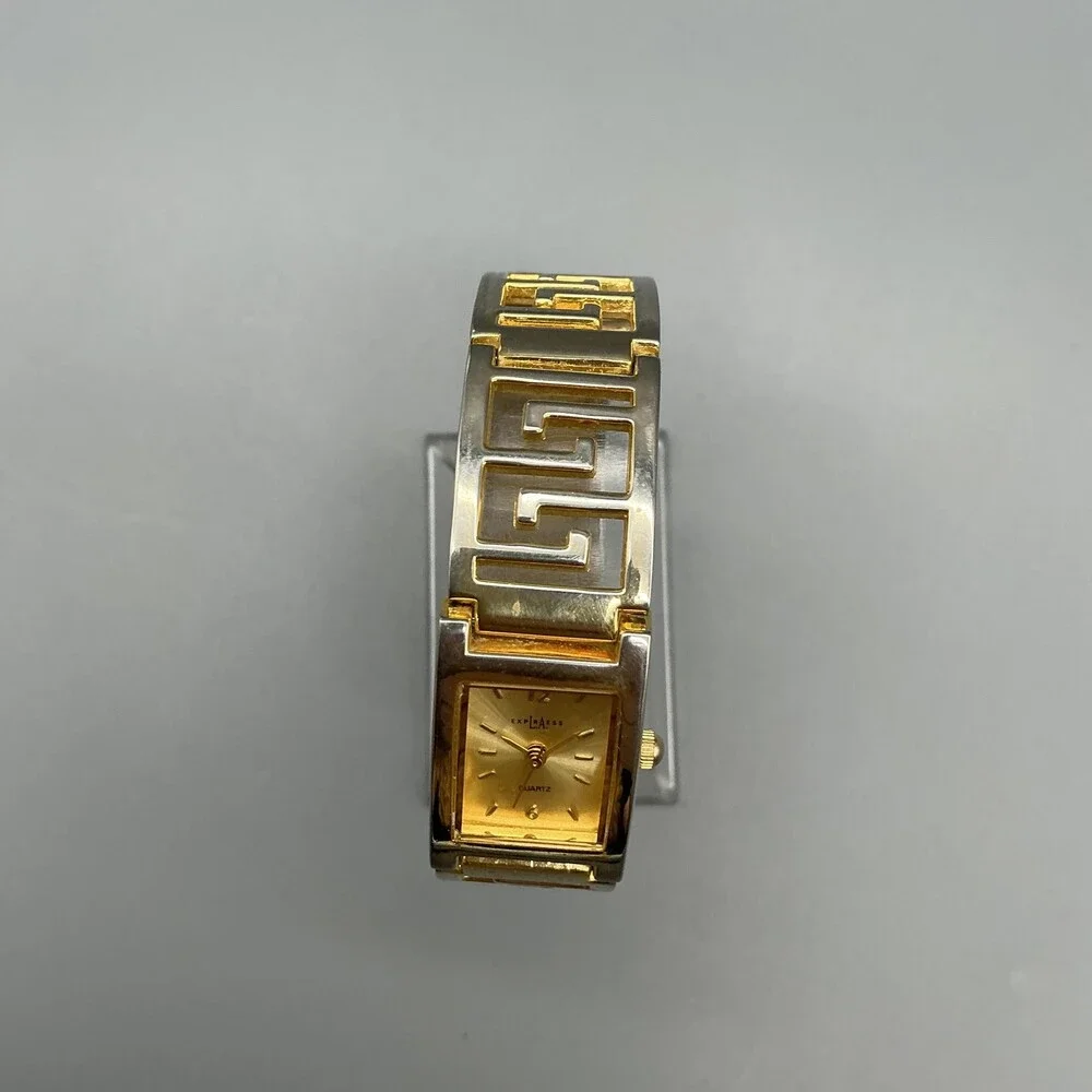 LA Express Womens Watch 18mm Gold Tone Greek Key Bracelet New Battery 7.5